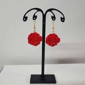 Handmade Gold And Red Rose Glass Earrings
